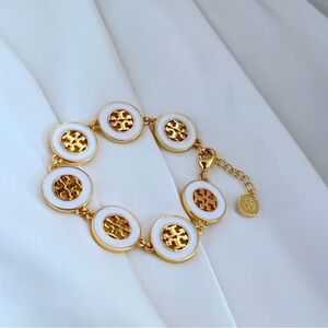 Authentic Tory Burch 18k Gold Plated Hallow Round White-Gold Bracelet New W/Tag